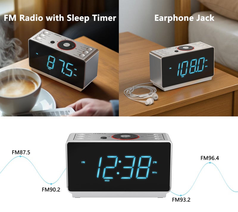 iTOMA Alarm Clock Radio with Bluetooth Speaker, FM Radio, Dual Alarm with Snooze, Large LED Display, Dimmer Control, USB Charging Output and Night Light CKS708 - Image 4