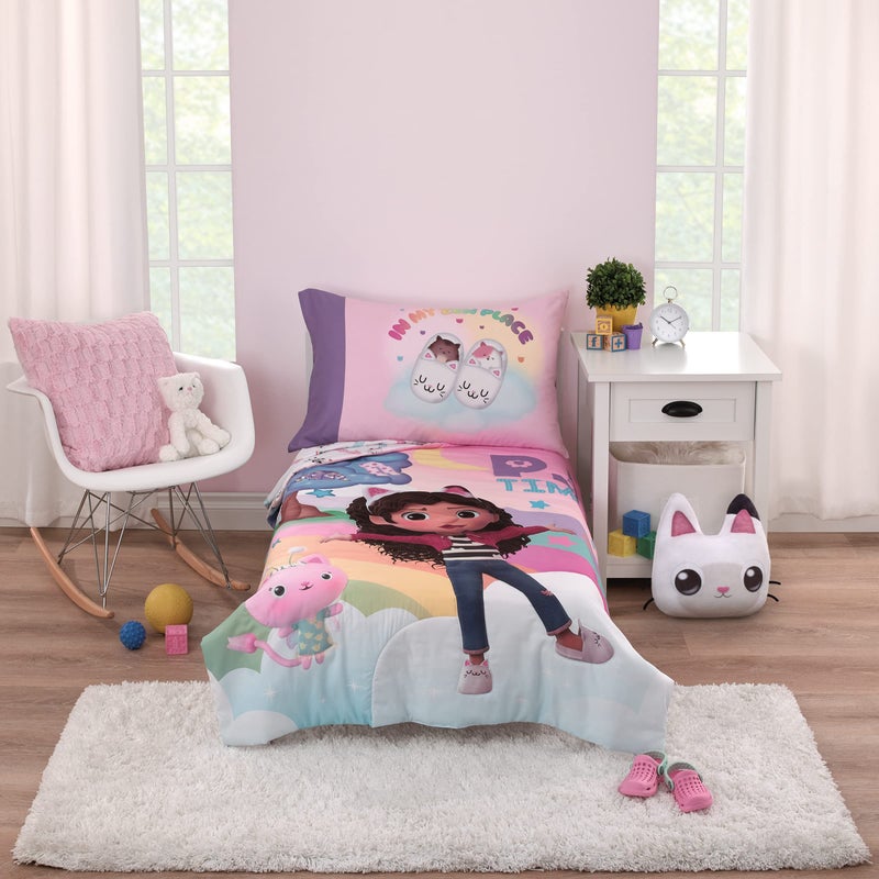 NoJo DreamWorks Gabbys Dollhouse Dream It Up MultiColored Rainbow PJ Time 4 Piece Toddler Bed Set Comforter Fitted Bottom Sheet Flat Top Sheet and Reversible Pillowcase