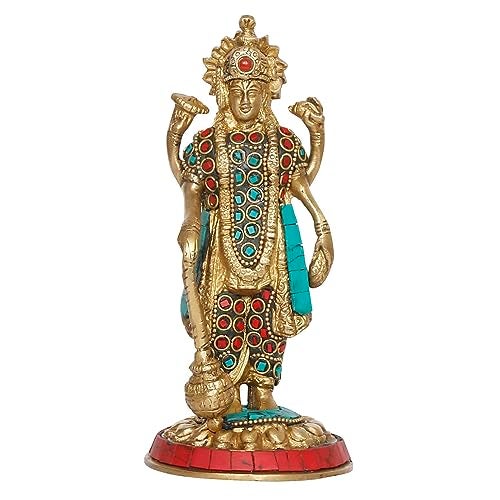 Kartique Brass Idol of Lord Bhagwan Vishnu Narayan for Home Decor in Multicolor Height 7 Inch - Image 1