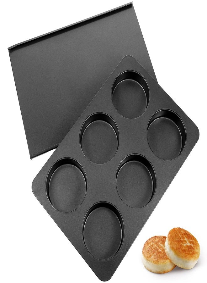 JOUTYFOR 6 Cup Straight Side Jumbo English Muffin Cupcake Pan with Lid Hamburger Burger Bun Egg Sandwich Frittata Cinnamon Roll Focaccia Quiche Pancake Nonstick Baking Tin Tray Mold - Image 1