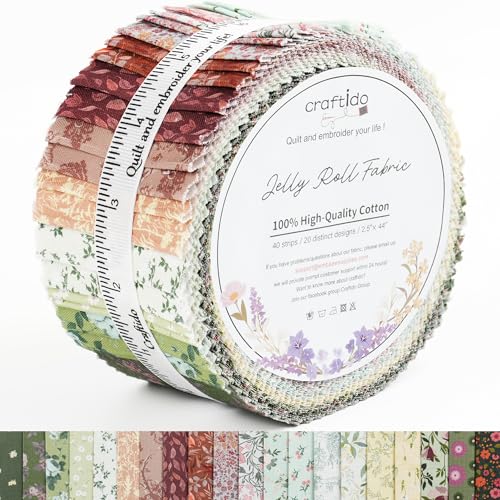 Craftido-18 Options-100% Cotton Jelly Roll Fabric Precut Strips for Quilting, Crafting, and Sewing, 40 Strips 2.5" x 44" Assorted Bundles for Rug, Quilt Project, DIY Craft and Home Decor-Cottage Bloom - Image 1