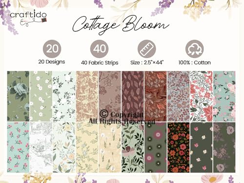 Craftido-18 Options-100% Cotton Jelly Roll Fabric Precut Strips for Quilting, Crafting, and Sewing, 40 Strips 2.5" x 44" Assorted Bundles for Rug, Quilt Project, DIY Craft and Home Decor-Cottage Bloom - Image 4