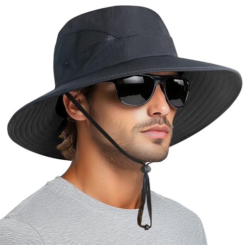 PFFY Sun Bucket Hats for Men Women 3” Wide Brim UPF 50+ Fishing & Beach Hat Black - Image 1