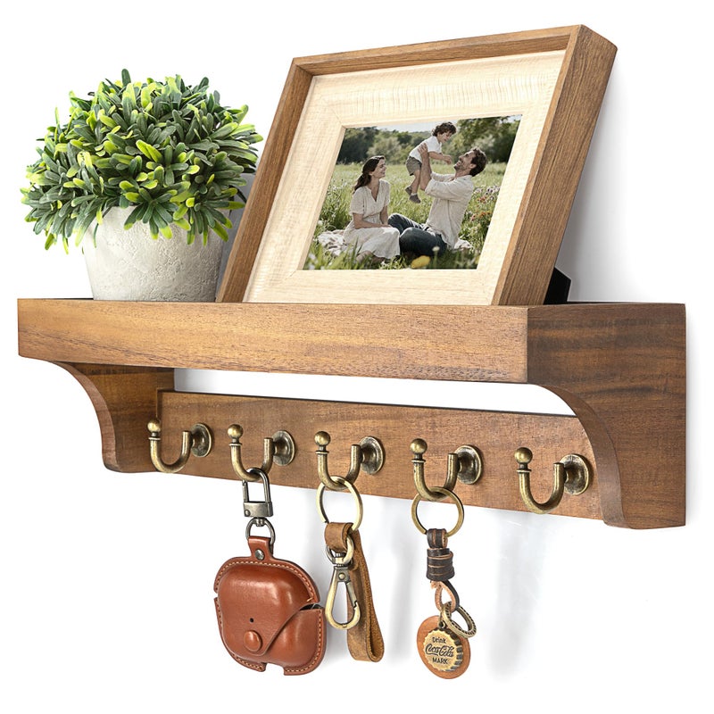 Rebee Vision Acacia Wood Farmhouse Key Holder Wall Mount for Room Decor â€“ Retro Key Holder for Wall with Shelf for Cute Thingsâ€“ Stylish Home Storage for Apartment Essentials (Acacia Wood) - Image 1