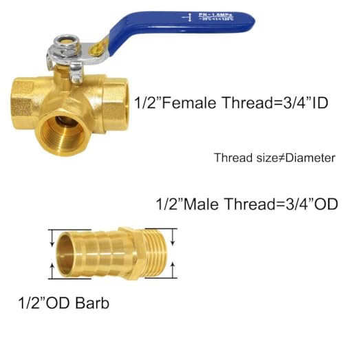 Joywayus Tport Ball Valve 12 G Thread 3 Way Shut Off Valve with 12 Hose Barb T Shaped Brass Fitting One Switch - Image 3