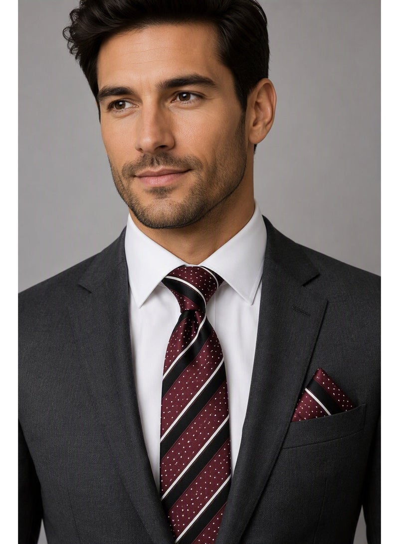 Men’s Burgundy, Black and White Striped Necktie with Matching Pocket Square – 2-Piece Formal Set - Image 1