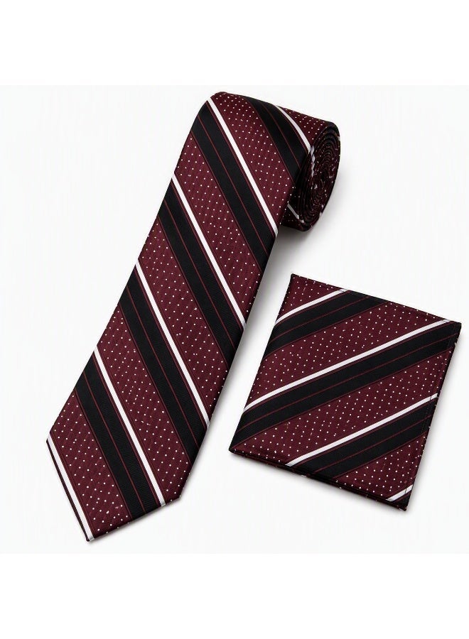 Men’s Burgundy, Black and White Striped Necktie with Matching Pocket Square – 2-Piece Formal Set - Image 3