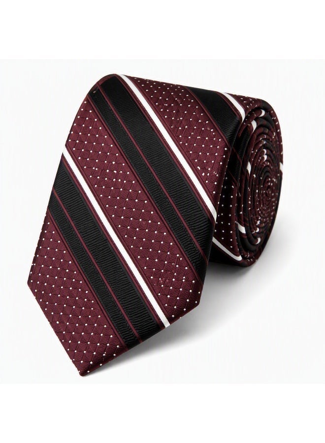 Men’s Burgundy, Black and White Striped Necktie with Matching Pocket Square – 2-Piece Formal Set - Image 2