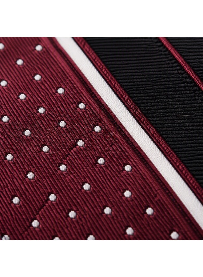Men’s Burgundy, Black and White Striped Necktie with Matching Pocket Square – 2-Piece Formal Set - Image 5