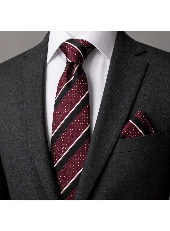 Men’s Burgundy, Black and White Striped Necktie with Matching Pocket Square – 2-Piece Formal Set - Image 4