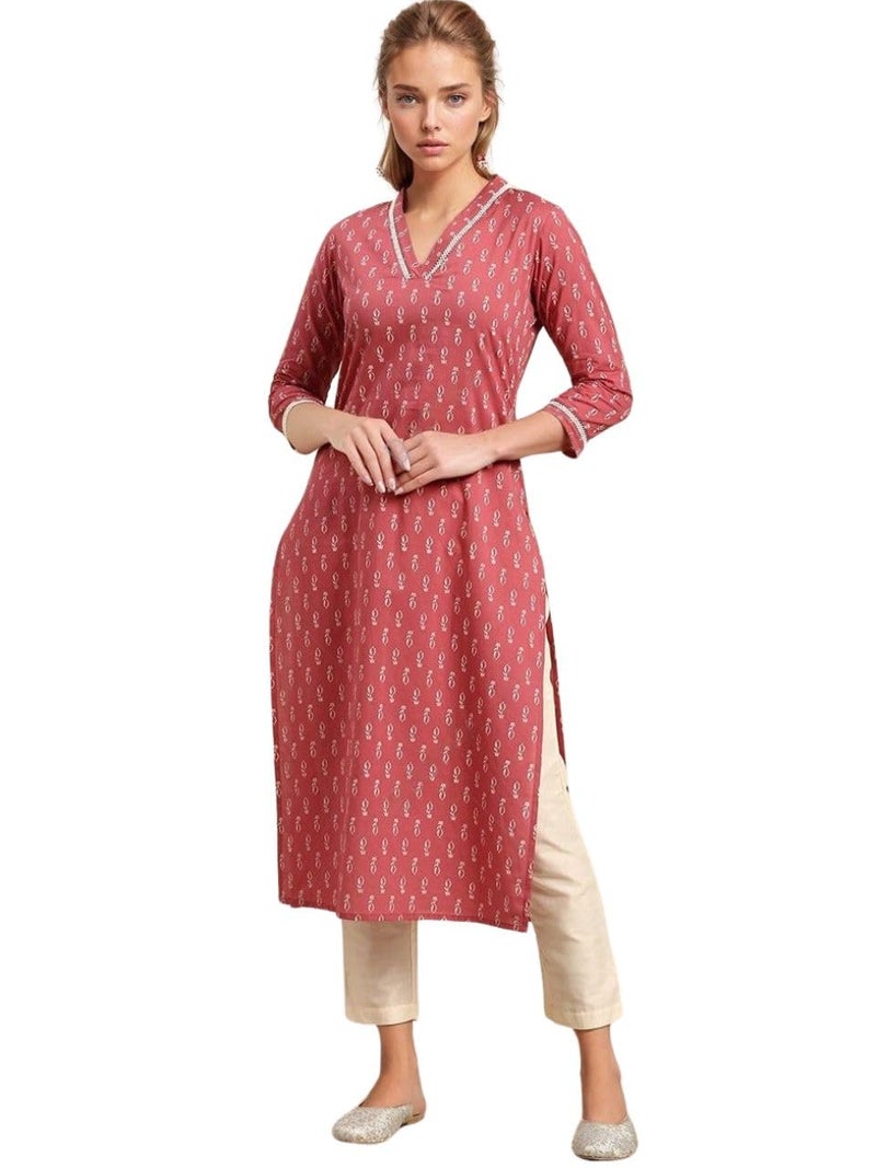 rytras Women's Rayon Floral Printed Straight Kurta(Peach,M) - Image 1