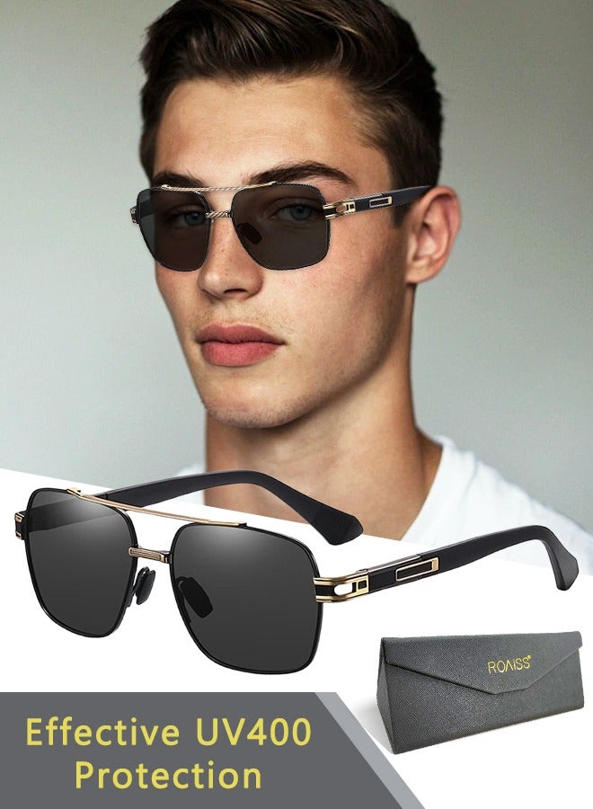 roaiss Men's Aviator Polarized Sunglasses, UV400 Protection Sun Glasses with Metal Frame, Fashion Anti-Glare Sun Shades for Men Driving, Fishing, Traveling, Black Gold, 57mm - Image 1