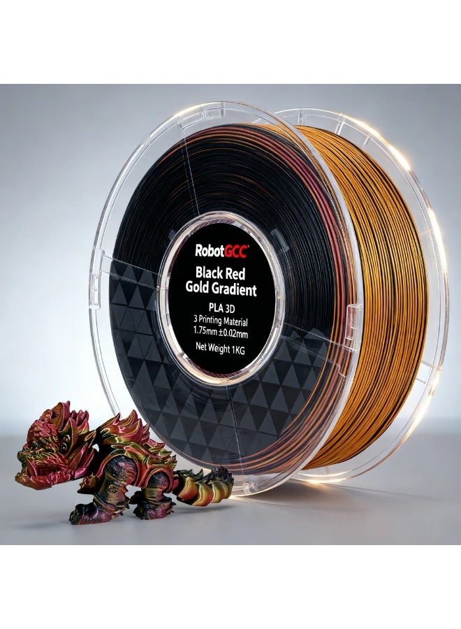 robotgcc PLA Silk Tri Color 1.75mm 3D Printing Material 1KG Spool for FDM 3D Printing, Black Red Gold Gradient Color Changing 3D Printing Material with Metallic Silk Gloss Finish, Smooth Extrusion Performance, Stable Feeding, Consistent Diameter ±0.02mm, Low Warping Behavior, Strong Layer Adhesion, High Precision 3D Printing Material for Models, Sculptures, Cosplay Design, Decorative Art Projects, Display Prototypes, Creative Printing Compatible with Most 3D Printers - Image 2