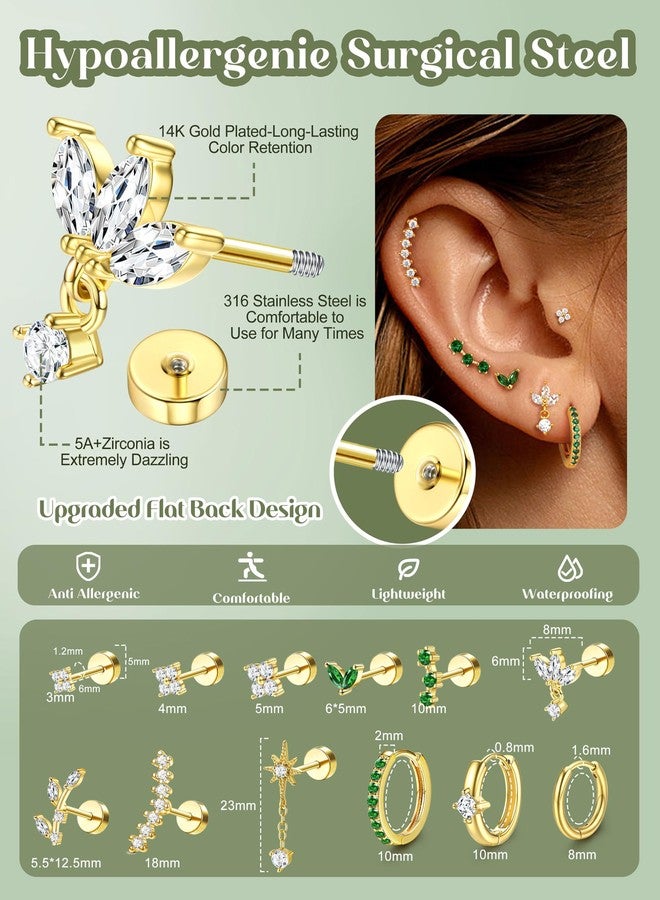 ORAZIO 16G Helix Piercing Jewelry Flat Back Cartilage Earrings for Women Hypoallergenic Surgical Steel Gold Stud Hoop Cartilage Earring Set Daith Conch Tragus Piercing Jewelry Flatback Single Pc I - Image 5