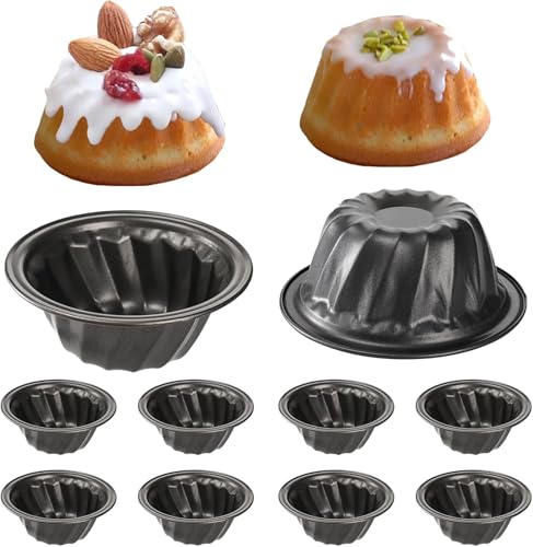 Frcctre Set of 10 Mini Fluted Cake Pan, 4 Inch Carbon Steel Nonstick Fluted Tube Pan Cake Mold Baking Mold for Bavarois, Brownie, Cupcake, Pudding, Dark Gray - Image 1