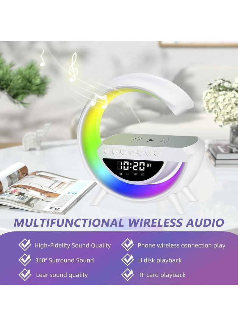 TIGER - Atmosphere Lamp with 15W Wireless Charger, LED Alarm Clock, Dimmable Ambient Light, Smart Table Lamp with Bluetooth Speaker, Dazzling Running Lights, Multiple Modes for Office, Bedroom, Adults & Kids (White) - Image 1