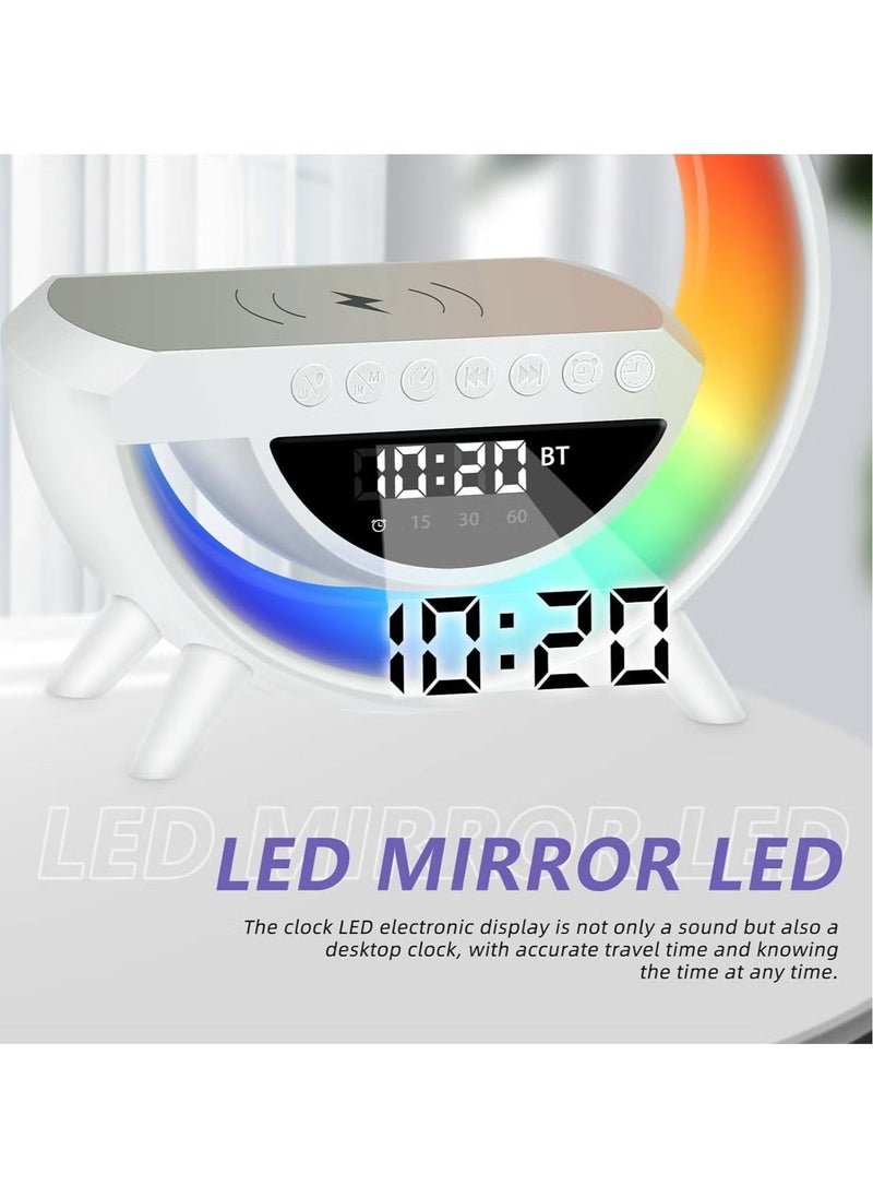 TIGER - Atmosphere Lamp with 15W Wireless Charger, LED Alarm Clock, Dimmable Ambient Light, Smart Table Lamp with Bluetooth Speaker, Dazzling Running Lights, Multiple Modes for Office, Bedroom, Adults & Kids (White) - Image 1