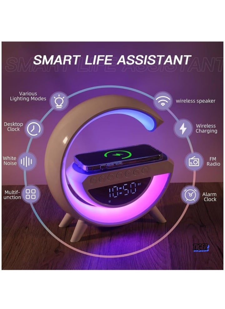 TIGER - Atmosphere Lamp with 15W Wireless Charger, LED Alarm Clock, Dimmable Ambient Light, Smart Table Lamp with Bluetooth Speaker, Dazzling Running Lights, Multiple Modes for Office, Bedroom, Adults & Kids (White) - Image 1