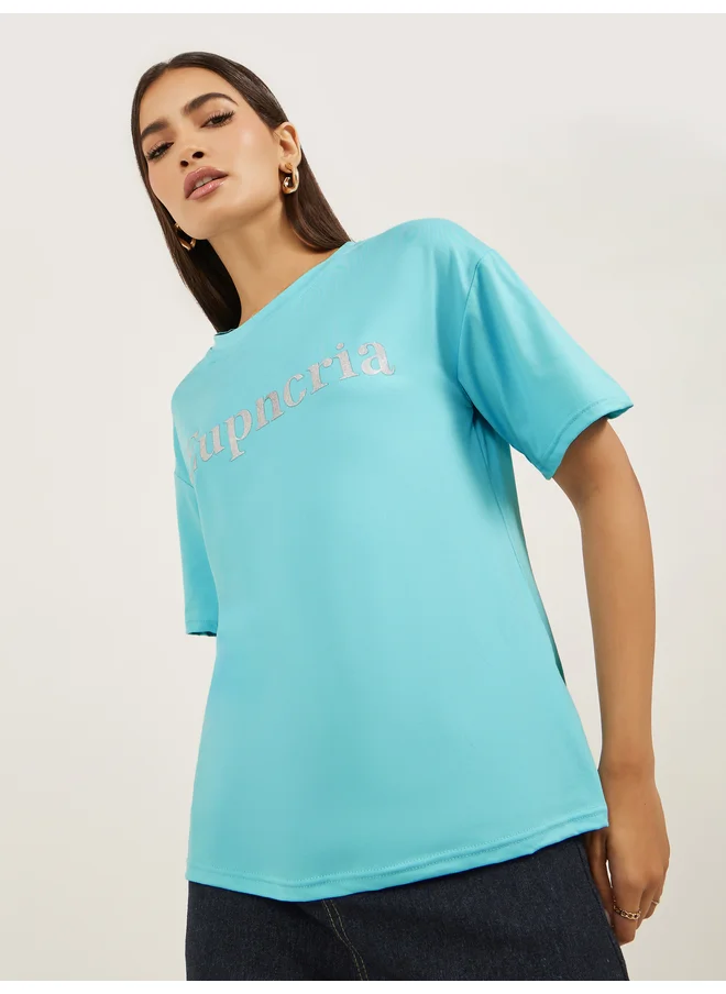 ستايلي Styli Slogan Print Short Sleeve Oversized T-Shirt