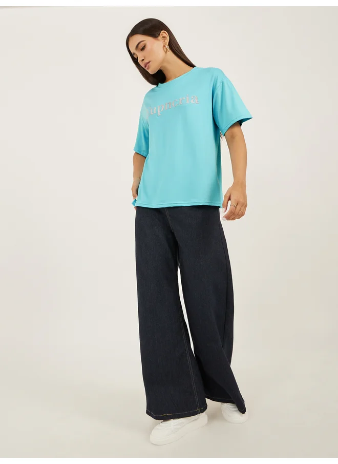 ستايلي Styli Slogan Print Short Sleeve Oversized T-Shirt