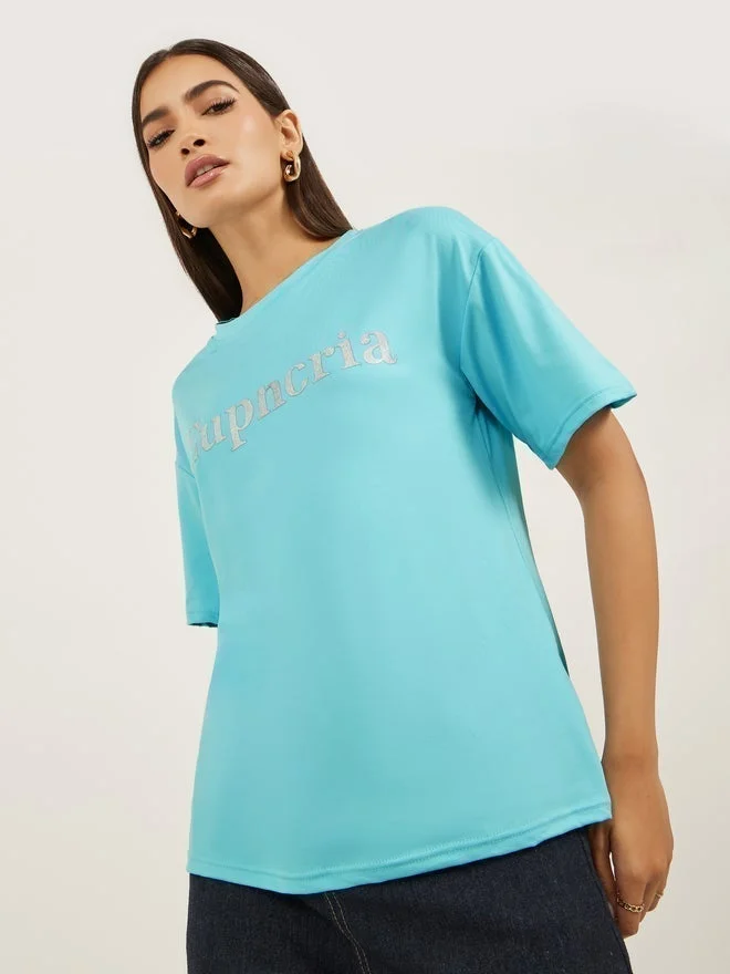 Styli Slogan Print Short Sleeve Oversized T-Shirt