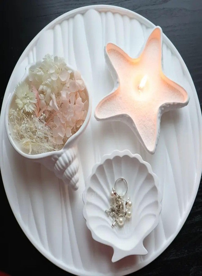 Kitty Cat® Aesthetic Concrete Trinket Tray Set of 3 – Starfish, Conch & Shell | Handmade Off-White Jewelry Dish, Vanity Tray, Makeup Organizer, Candle Holder, Key Bowl & Home Décor Accent - Image 1