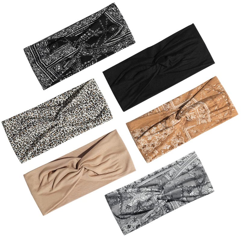 Artilady 6 Pack Boho Headbands for Women  Wide Bandana Headband Non Slip Stretchy Cheetah Paisley Print Turban Headwarp Twisted for Girls