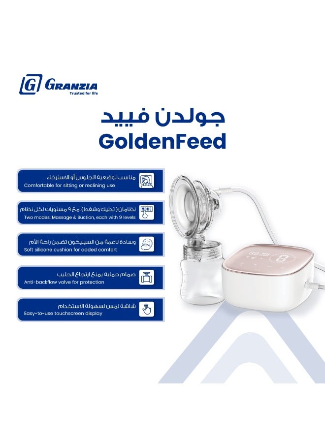 Granzia Goldenfeed Single Electric Breast Pump – 2 Suction Modes × 9 Levels, Soft Silicone Cushion, Rechargeable Battery, Touch Control, Anti-Backflow, USB-C Charging - Image 3