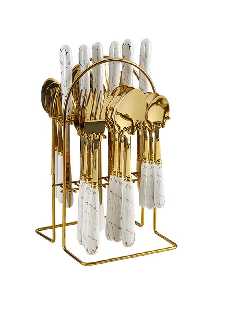 general White Gold Silverware Set With Ceramic Handle Hanging Flatware Organizer 96 Piece Stainless Steel Flatware Set for 24 Spoons Knifes Forks Teaspoons Set Kitchen Wedding Restaurant Cutlery Utensil - Image 1