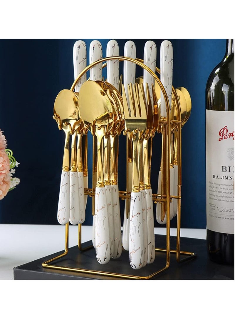 general White Gold Silverware Set With Ceramic Handle Hanging Flatware Organizer 96 Piece Stainless Steel Flatware Set for 24 Spoons Knifes Forks Teaspoons Set Kitchen Wedding Restaurant Cutlery Utensil - Image 2