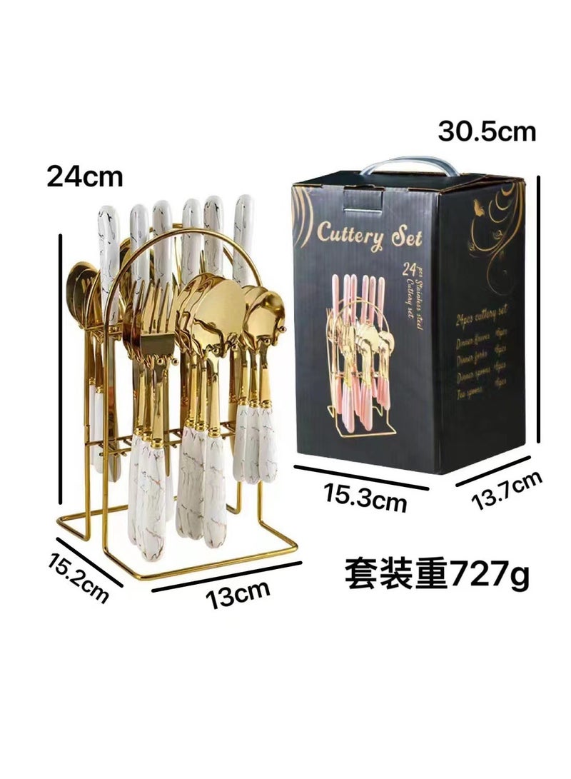 general White Gold Silverware Set With Ceramic Handle Hanging Flatware Organizer 96 Piece Stainless Steel Flatware Set for 24 Spoons Knifes Forks Teaspoons Set Kitchen Wedding Restaurant Cutlery Utensil - Image 5