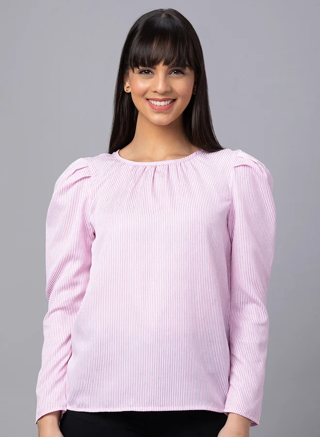 globus Globus Pink Striped Puff Sleeves Top