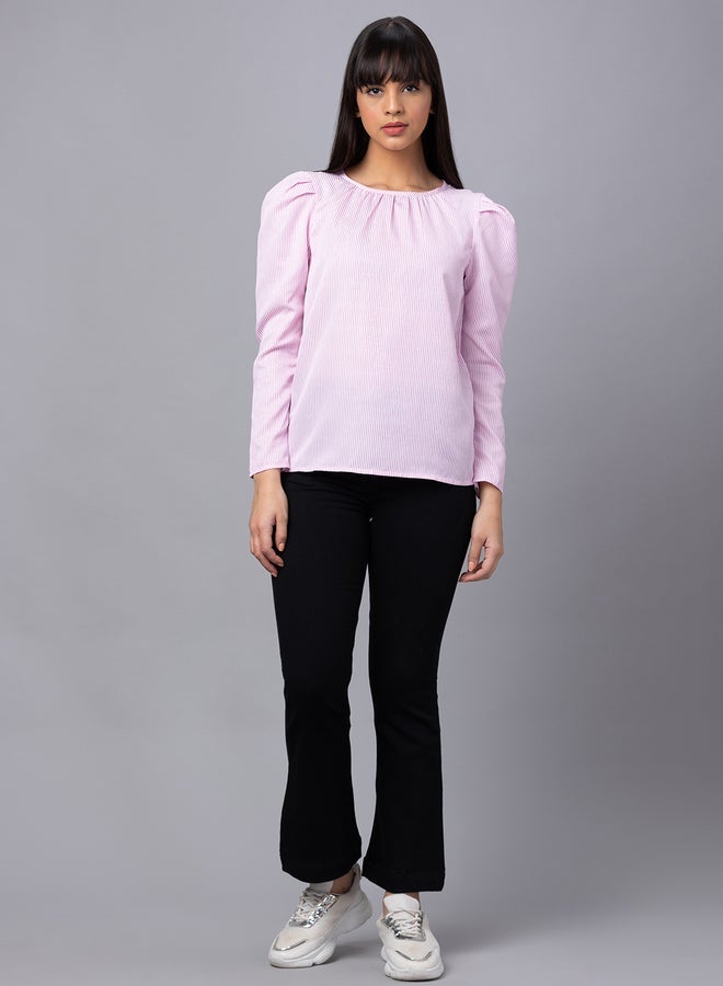 Globus Pink Striped Puff Sleeves Top - Image 2