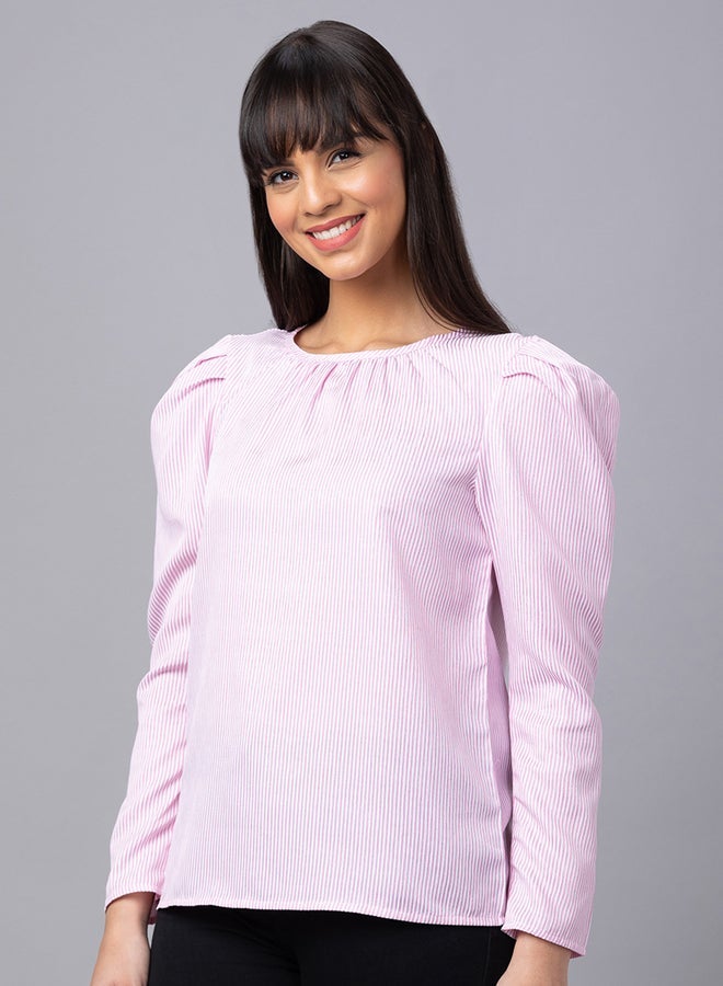 Globus Pink Striped Puff Sleeves Top - Image 1