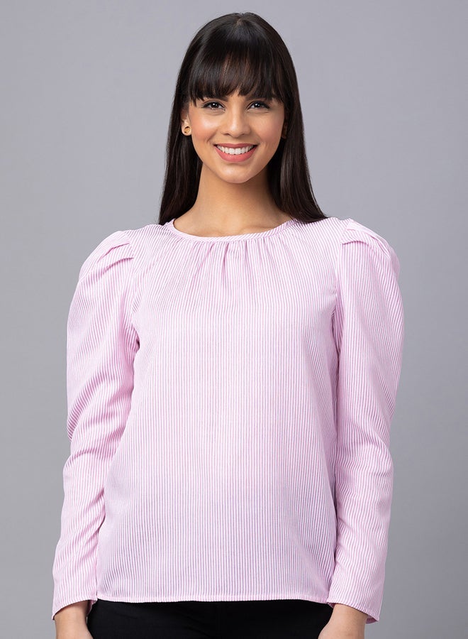 Globus Pink Striped Puff Sleeves Top - Image 4