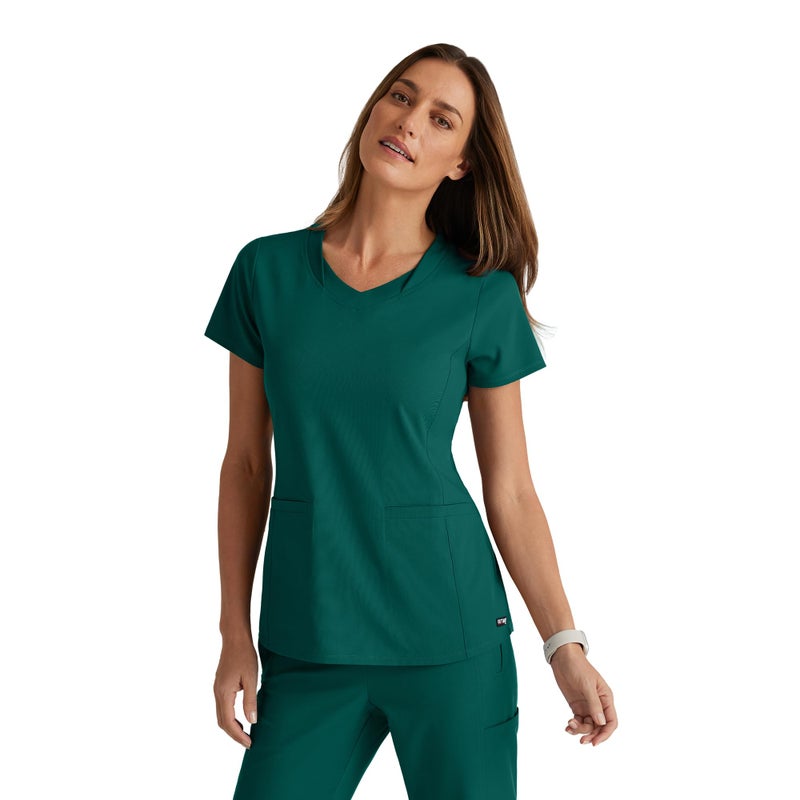 BARCO Greyâ€™s Anatomy Spandex Stretch Direct Bolt Scrub Top for Women â€“ Hunter Green, 3-Pocket V-Neck Shirt w/Spandex Stretch, Wrinkle Release & Soil Release Fabric â€“ XXS, Regular Fit - Image 1