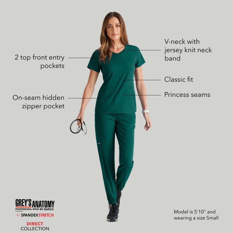BARCO Greyâ€™s Anatomy Spandex Stretch Direct Bolt Scrub Top for Women â€“ Hunter Green, 3-Pocket V-Neck Shirt w/Spandex Stretch, Wrinkle Release & Soil Release Fabric â€“ XXS, Regular Fit - Image 4
