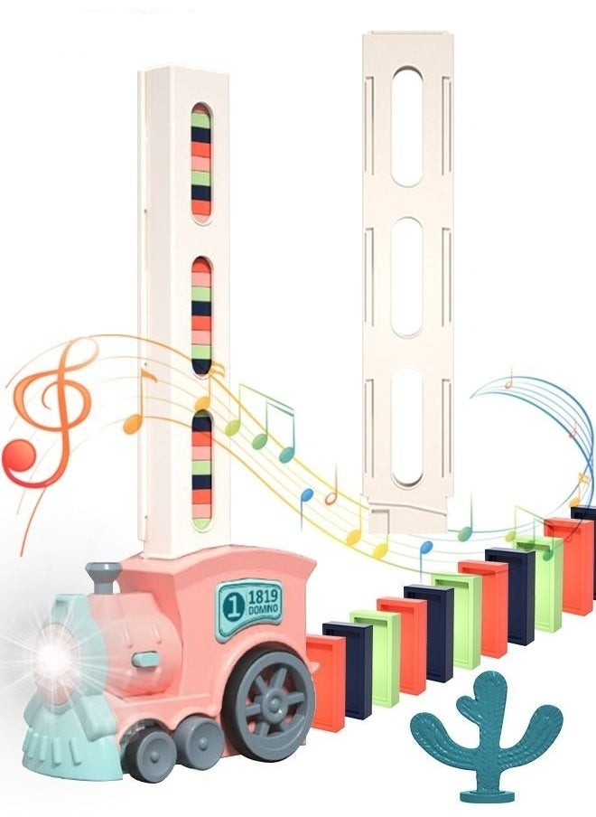 MIXDE - 120 Pieces Dominos Train Toy Set, Automatic Domino Rally Train Model with Light and sound, Kids Domino Blocks Building Stacking Toy, Domino Set Stacker Game STEM Creative Gift - Pink - Image 1