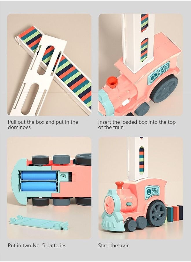 MIXDE - 120 Pieces Dominos Train Toy Set, Automatic Domino Rally Train Model with Light and sound, Kids Domino Blocks Building Stacking Toy, Domino Set Stacker Game STEM Creative Gift - Pink - Image 1