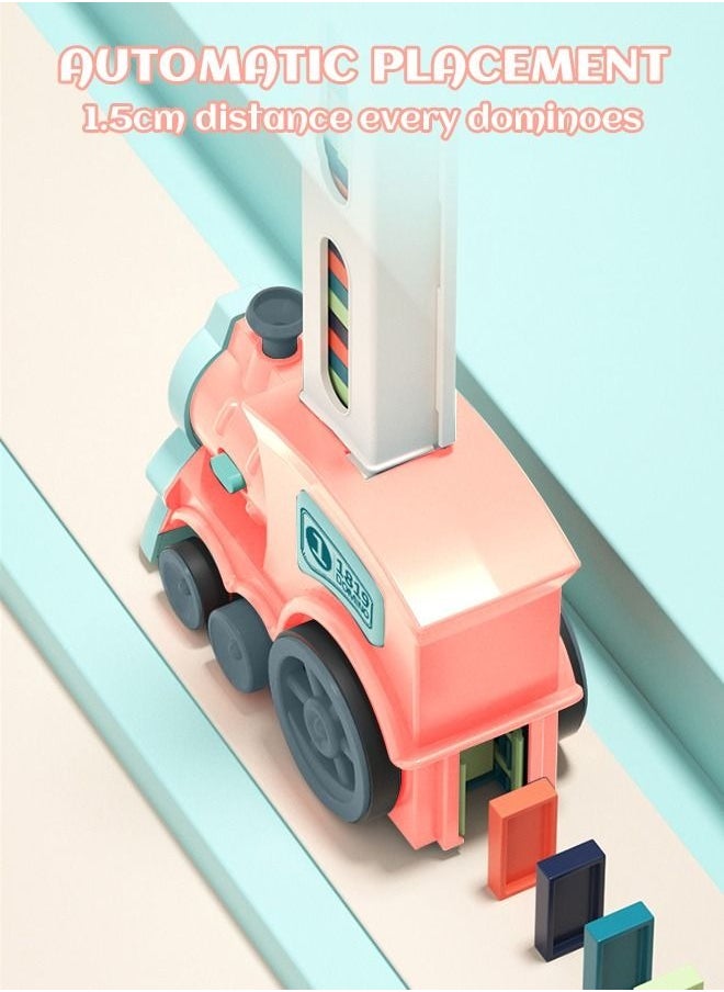 MIXDE - 120 Pieces Dominos Train Toy Set, Automatic Domino Rally Train Model with Light and sound, Kids Domino Blocks Building Stacking Toy, Domino Set Stacker Game STEM Creative Gift - Pink - Image 1