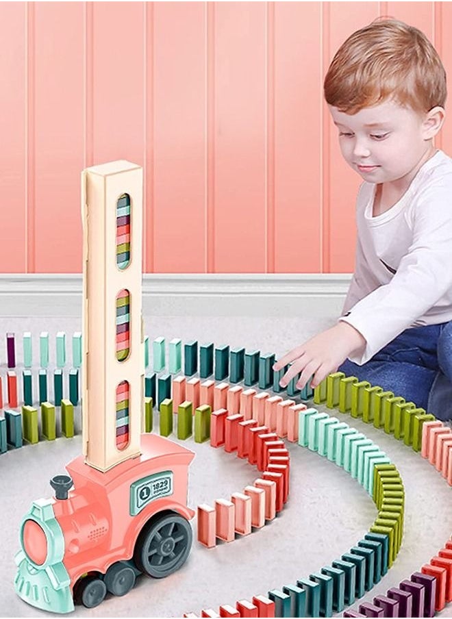 MIXDE - 120 Pieces Dominos Train Toy Set, Automatic Domino Rally Train Model with Light and sound, Kids Domino Blocks Building Stacking Toy, Domino Set Stacker Game STEM Creative Gift - Pink - Image 1