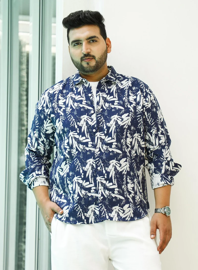 انستافاب بلس Instafab Plus Men's Indigo Blue Leaflet Brushed-Imprint Shirt For Casual Wear | Spread Collar | Long Cuffed Sleeves | Button Closure | Plus Size Shirt Crafted With Comfort Fit For Everyday Wear
