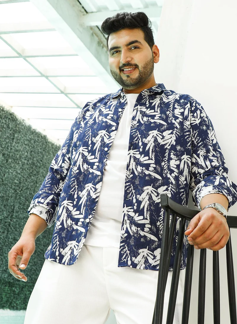 انستافاب بلس Instafab Plus Men's Indigo Blue Leaflet Brushed-Imprint Shirt For Casual Wear | Spread Collar | Long Cuffed Sleeves | Button Closure | Plus Size Shirt Crafted With Comfort Fit For Everyday Wear