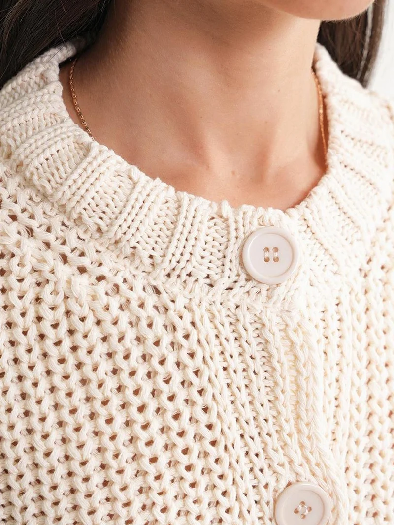 Mixray Ivory Natural Mixray Textured Ribbed Knit Cardigan with Buttons for Women | Best Price UAE