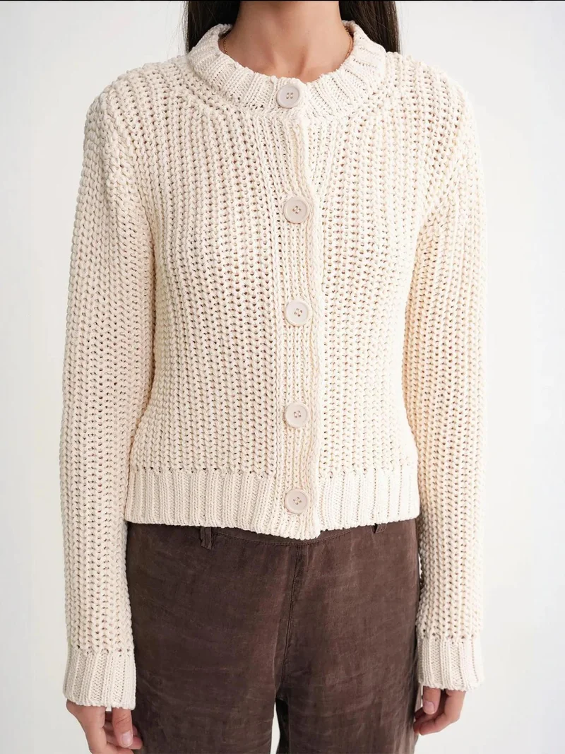 Mixray Ivory Natural Mixray Textured Ribbed Knit Cardigan with Buttons for Women | Best Price UAE