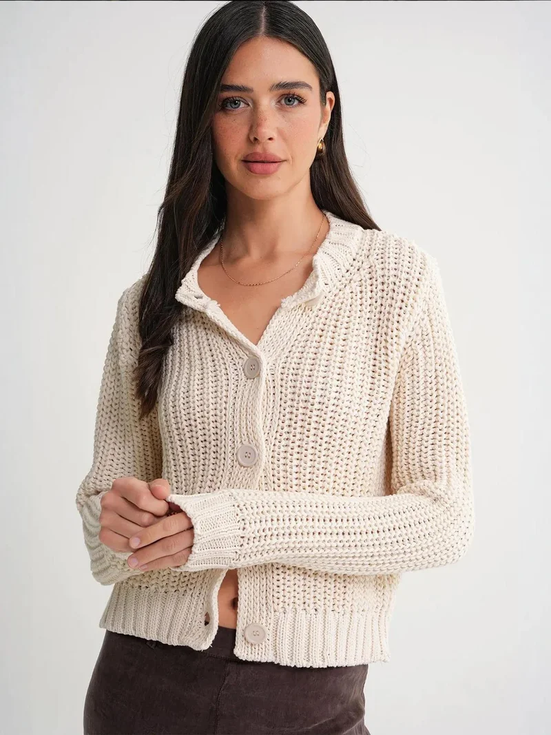 Mixray Ivory Natural Mixray Textured Ribbed Knit Cardigan with Buttons for Women | Best Price UAE