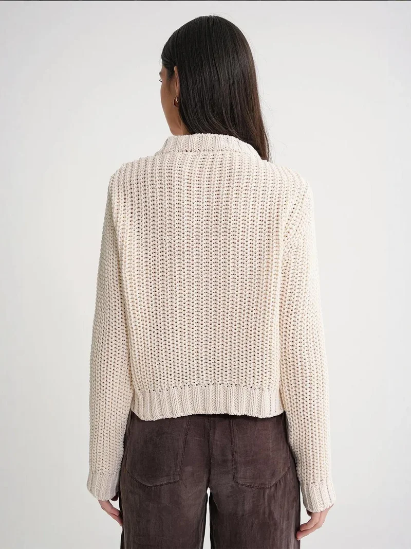 Mixray Ivory Natural Mixray Textured Ribbed Knit Cardigan with Buttons for Women | Best Price UAE