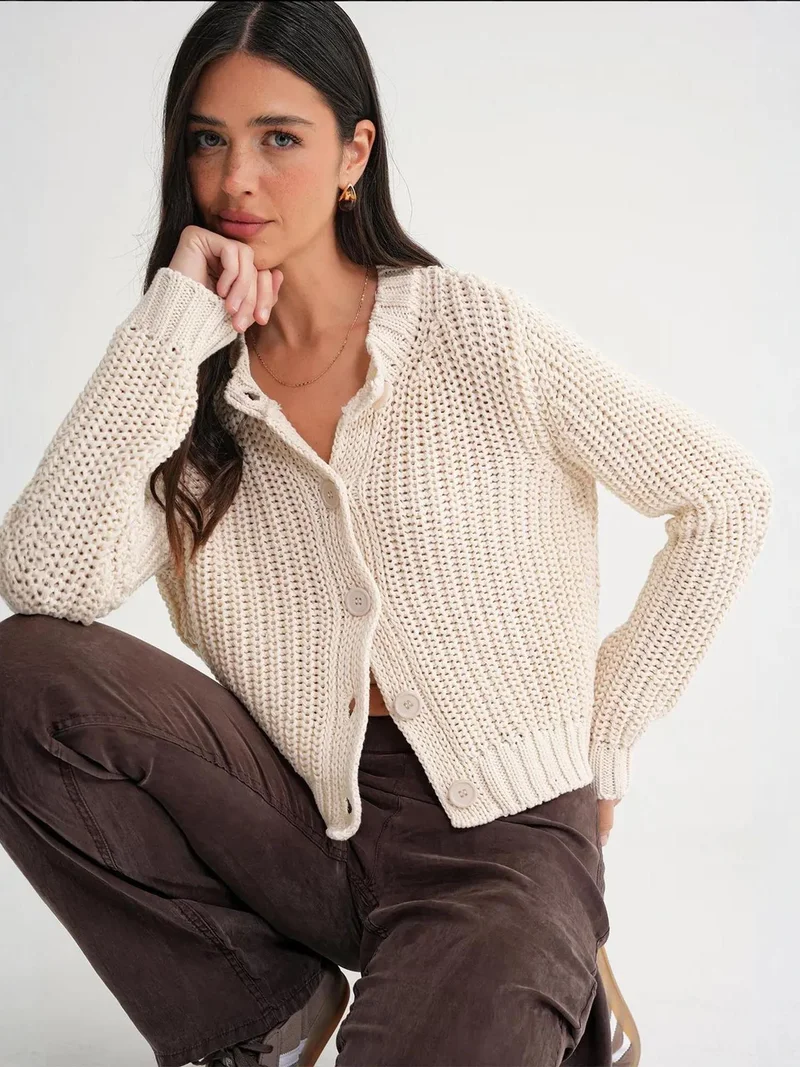Mixray Ivory Natural Mixray Textured Ribbed Knit Cardigan with Buttons for Women | Best Price UAE