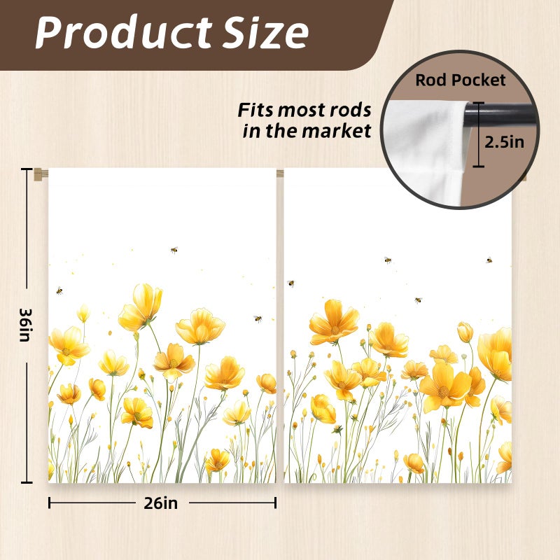 Stanoha Kitchen Curtains (2 Pcs) Over Sink for Bathroom Window Cafe Basement Cortinas para Cocina Farmhouse Short Mini Curtain Flower Bee Summer Daisy Elegant Country Rustic Modern Cute - 26Ã—36" - Image 2