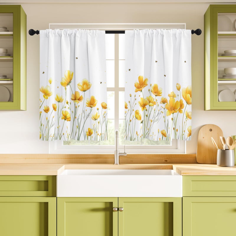 Stanoha Kitchen Curtains (2 Pcs) Over Sink for Bathroom Window Cafe Basement Cortinas para Cocina Farmhouse Short Mini Curtain Flower Bee Summer Daisy Elegant Country Rustic Modern Cute - 26Ã—36" - Image 5